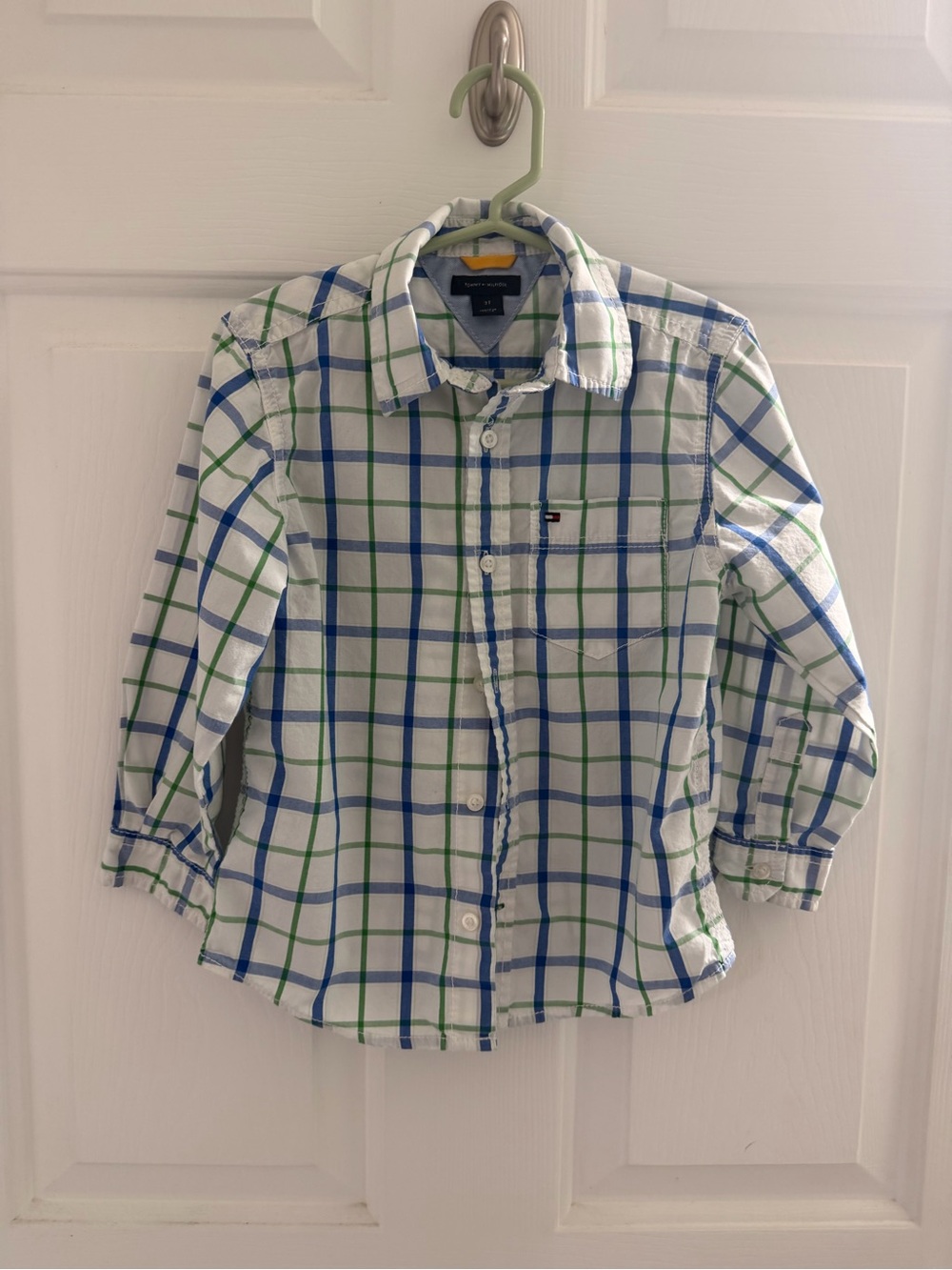 Tommy Hilfiger White Button-Down Shirt with Blue & Green Plaid